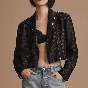 Anthropologie Black Sequin Cropped Moto Jacket size XL